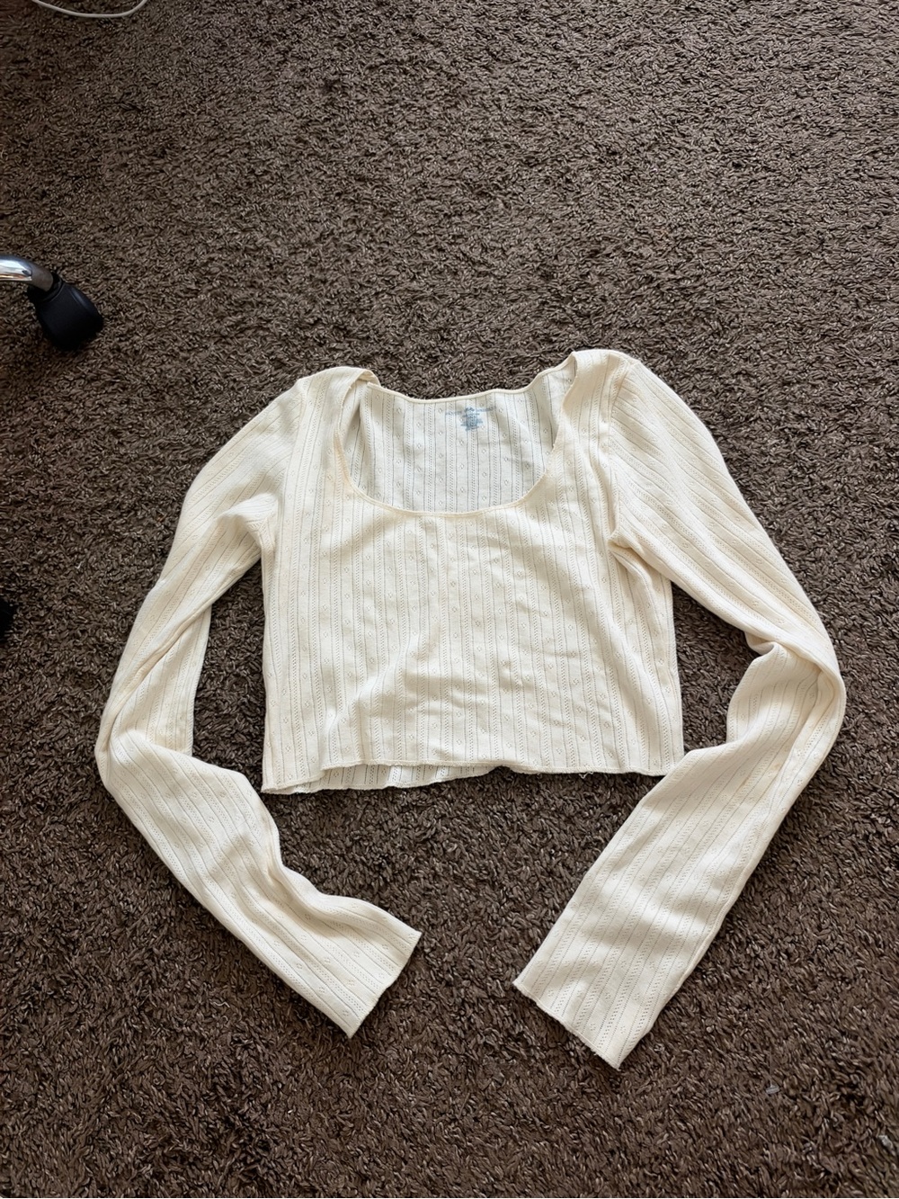Brandy Melville Cream Ribbed Scoop Neck Long Sleeve Crop Top